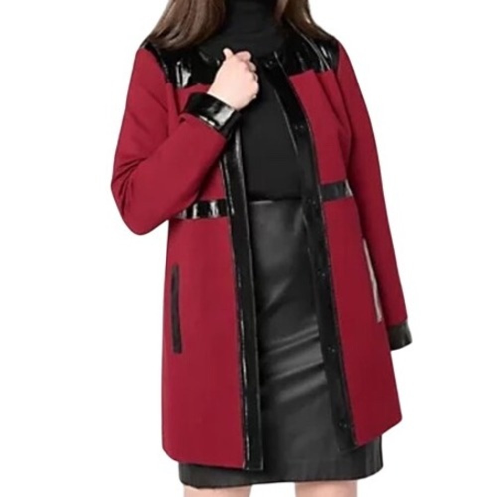 Dennis Basso Blazer Faux Leather Trim Red Career Coat Jacket‎ Size 2XL